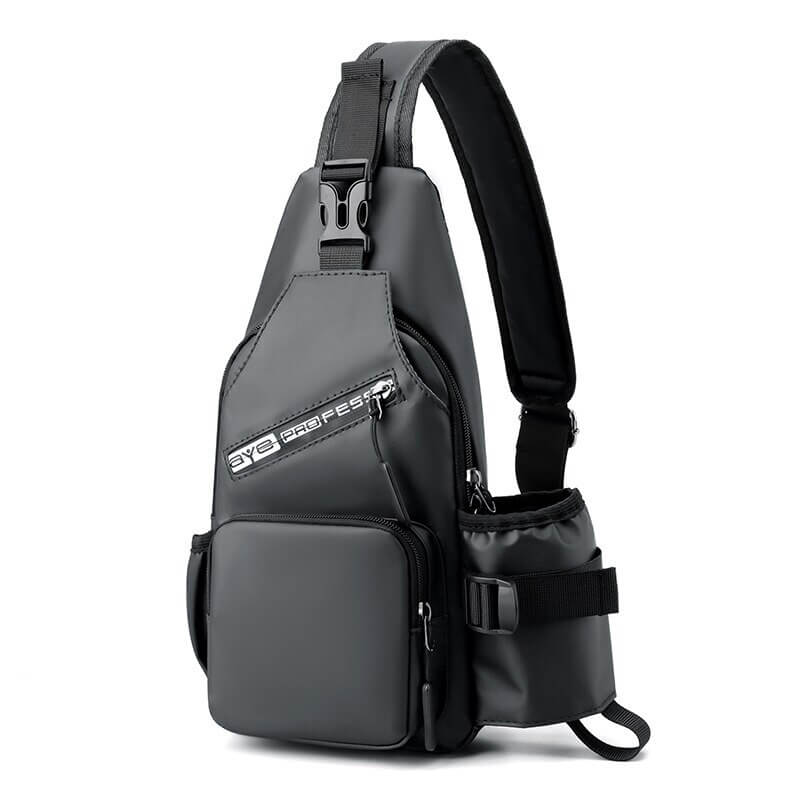 Sports men's multifunctional crossbody bag with USB port in sleek black, featuring a silt pocket and secure zipper closure.